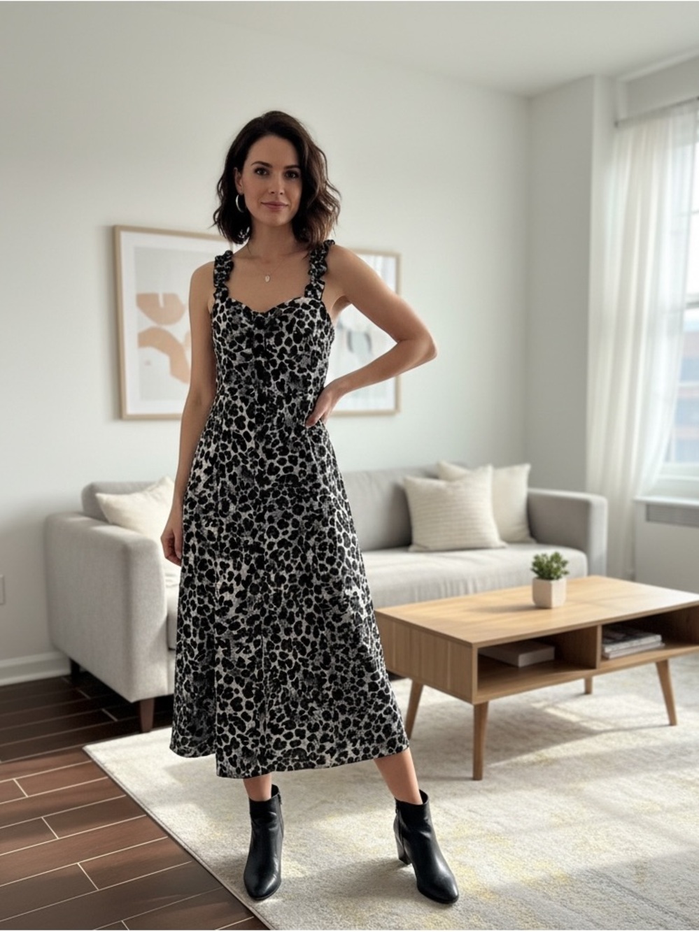 Zara Leopard Print Ruffle Strap Midi Dress – Size M